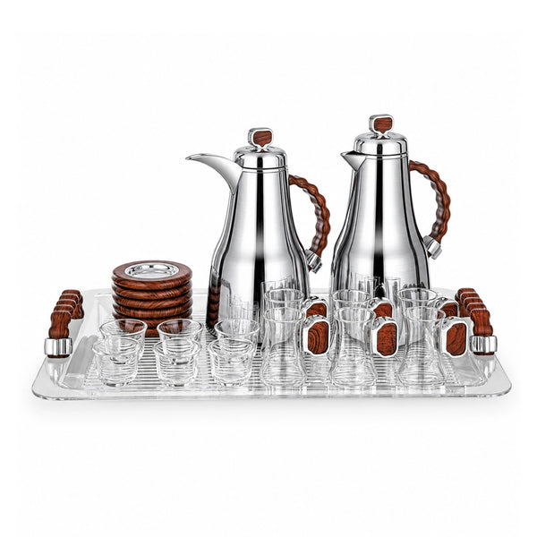Almarjan Tea and Coffee Serving Set 21 Pieces 0.7L and 1.0L Brushed Silver with Dark Wood Accents Siddiq Gifts