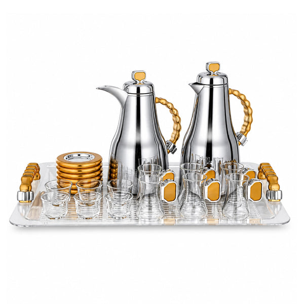 Almarjan Tea and Coffee Serving Set 21 Pieces 0.7L and 1.0L Brushed Silver with Matte Gold Accents Siddiq Gifts