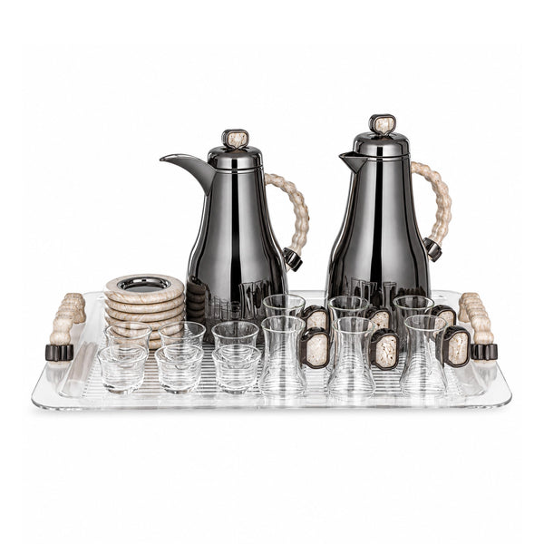 Almarjan Tea and Coffee Serving Set 21 Pieces 0.7L and 1.0L Gun Black with Travertine Marble Accents Siddiq Gifts