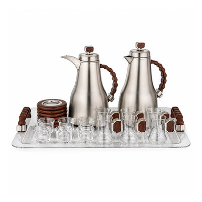 Almarjan Tea and Coffee Serving Set 21 Pieces 0.7L and 1.0L Matt Nickel with Dark Wood Accents Siddiq Gifts