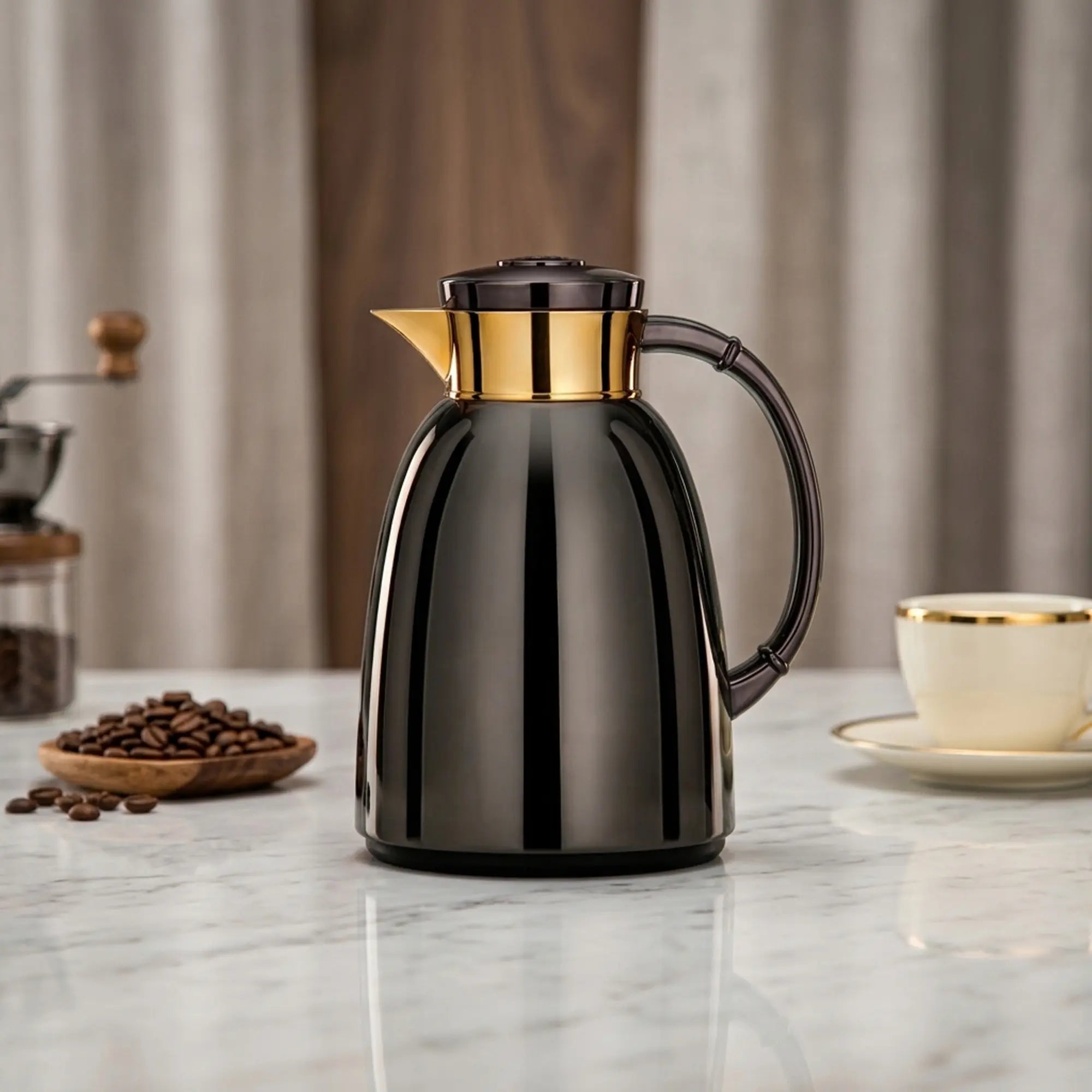 Almarjan Vacuum Flask 1.0L Gun Black And Gold Finish By Siddiq Gifts