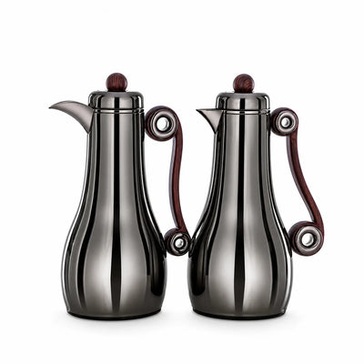 Almarjan Vacuum Flask 2-Piece Set 1L + 1L Gun Black with Dark Wooden Handles by Siddiq Gifts