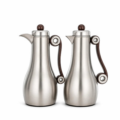 Almarjan Vacuum Flask 2-Piece Set 1L + 1L Nickel with Dark Wooden Handles by Siddiq Gifts