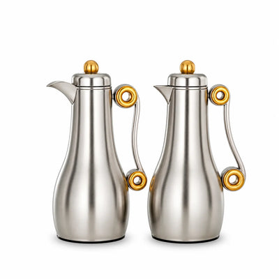 Almarjan Vacuum Flask 2-Piece Set 1L + 1L Nickel with Matt Gold Handles by Siddiq Gifts