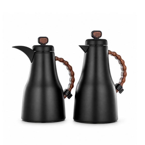 Almarjan Vacuum Flask Set 2 Pieces 0.7L and 1.0L Black with Dark Wooden Handle Siddiq Gifts