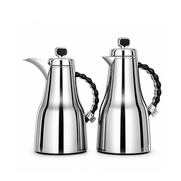 Almarjan Vacuum Flask Set 2 Pieces 0.7L and 1.0L Brushed Silver with Black Handle Siddiq Gifts