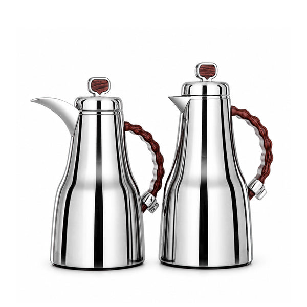 Almarjan Vacuum Flask Set 2 Pieces 0.7L and 1.0L Brushed Silver with Dark Wooden Handle Siddiq Gifts