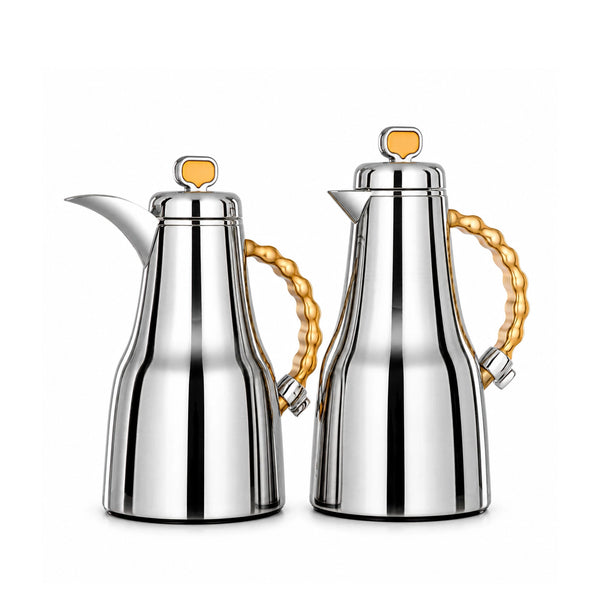 Almarjan Vacuum Flask Set 2 Pieces 0.7L and 1.0L Brushed Silver with Matte Gold Handle Siddiq Gifts