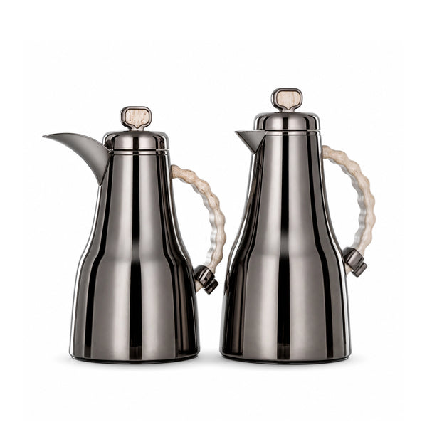 Almarjan Vacuum Flask Set 2 Pieces 0.7L and 1.0L Gun Black with Travertine Marble Handle Siddiq Gifts