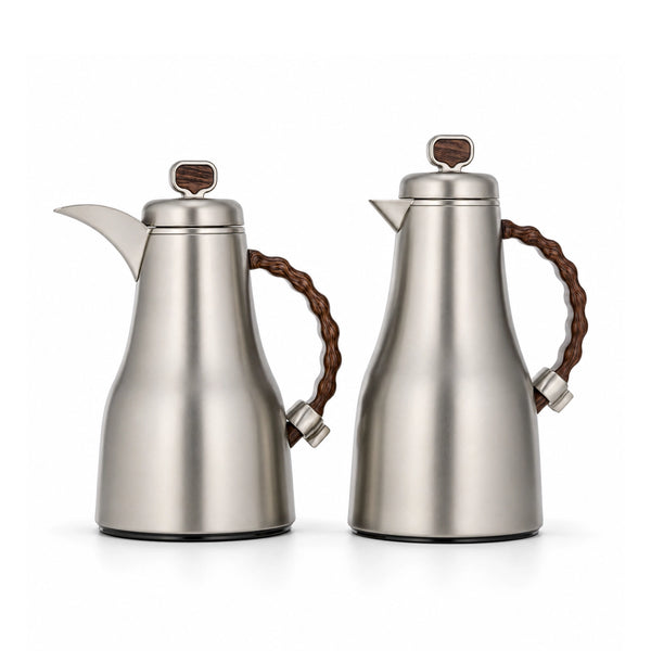 Almarjan Vacuum Flask Set 2 Pieces 0.7L and 1.0L Nickel with Dark Wooden Handle Siddiq Gifts