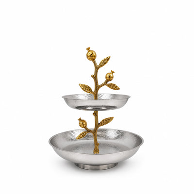 AlpenBerg 2-Tier Serving Stand with Gold Floral Branch Handle 29 × 35 cm Silver & Gold by Siddiq Gifts