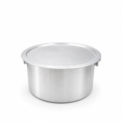 A brushed stainless steel pot with a matching lid, featuring side handles, shown on a clean white background.