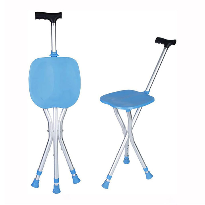 Two blue stools with adjustable legs and handles on a white background