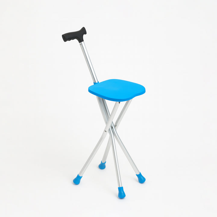 Blue stool with a black handle on a white background