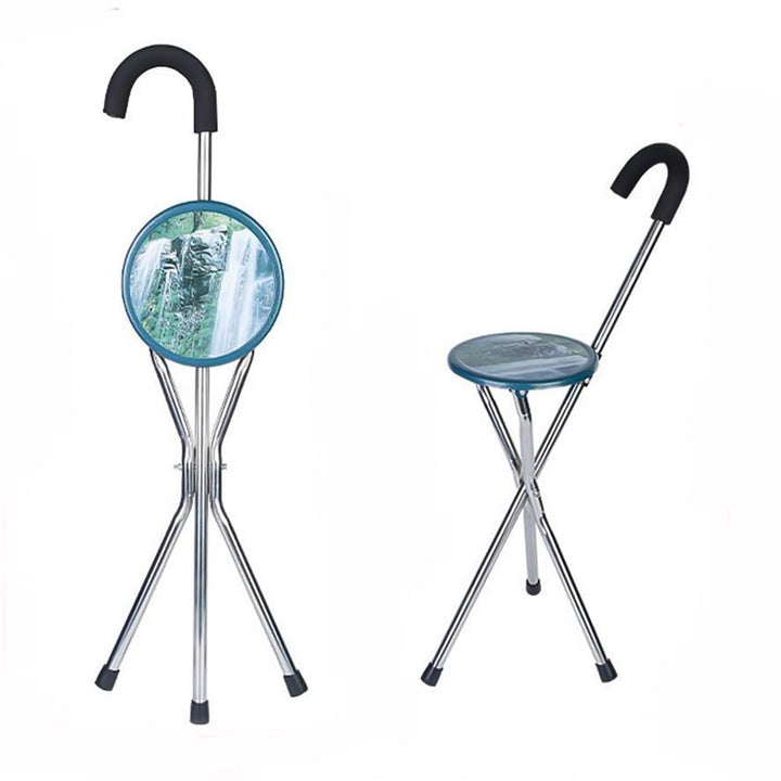 Two walking sticks with attached stools on a white background