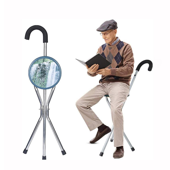 Man sitting on a chair with a magnifying glass and reading material, next to a walking cane with a mirror.
