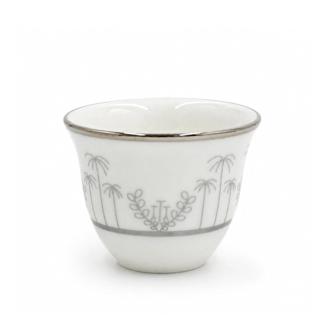 ZF-SP Arabic Cawa Cup Set – 12 Pieces – White Porcelain with Silver Rim & Palm Design