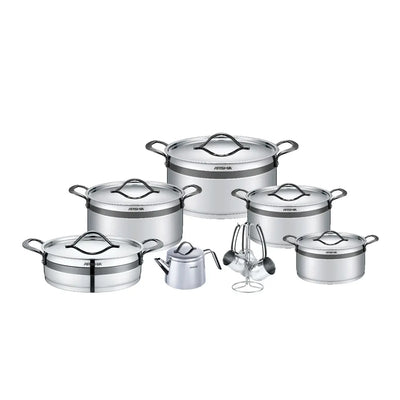 Arshia Stainless Steel Cookware Set 16 Pieces Silver with Black Accents by Siddiq Gifts