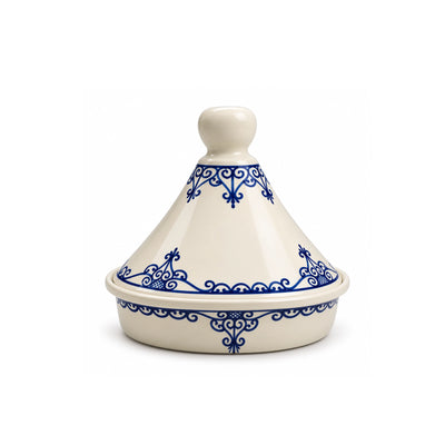 Art Culinaire Ceramic Tagine, 26 cm, in White and Blue with Sidi Blue Design at Siddiq Gifts.