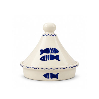 Art Culinaire Ceramic Tagine, 26 cm, in White and Blue with Kelibia Fish Design at Siddiq Gifts.