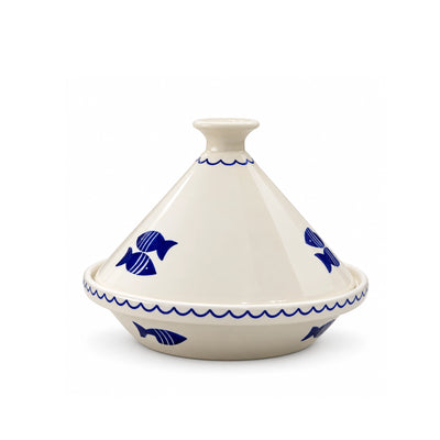 Art Culinaire Ceramic Tagine, 27 cm, in White and Blue with Kelibia Fish Design at Siddiq Gifts.