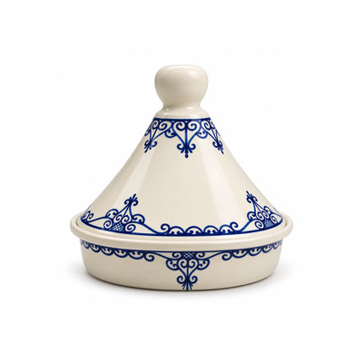 Art Culinaire Ceramic Tagine, 29 cm, in White and Blue with Sidi Blue Design at Siddiq Gifts.