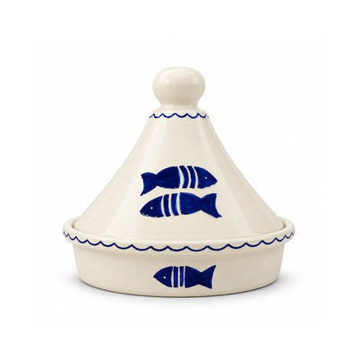 Art Culinaire Ceramic Tagine, 29 cm, in White and Blue with Kelibia Fish Design at Siddiq Gifts.