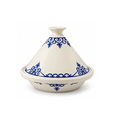 Art Culinaire Ceramic Tagine, 32 cm, in White and Blue with Sidi Blue Design at Siddiq Gifts.