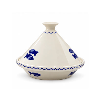 Art Culinaire Ceramic Tagine, 32 cm, in White and Blue with Kelibia Fish Design at Siddiq Gifts.