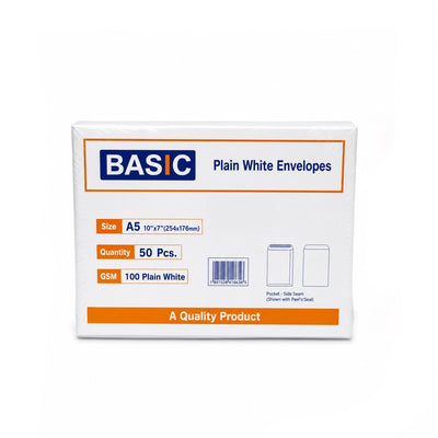 Basic Plain White A5 Peel & Seal Envelopes 10 × 7 Inches 50-Pack by Siddiq Gifts