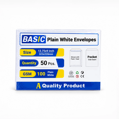 Basic Plain White Peel & Seal Envelopes 12.75 × 9 Inches 50-Pack by Siddiq Gifts