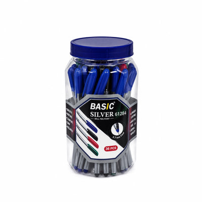 Basic Silver Fine Ballpoint Pens 0.7 mm 36-Piece Assorted Colour Pack by Siddiq Gifts