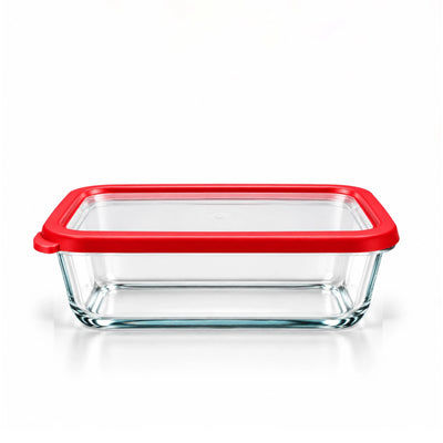 Beyti Rectangular Glass Bakeware in Clear and Red with a Lid for Baking, Cooking, Serving, Reheating, and Everyday Kitchen Use at Siddiq Gifts.