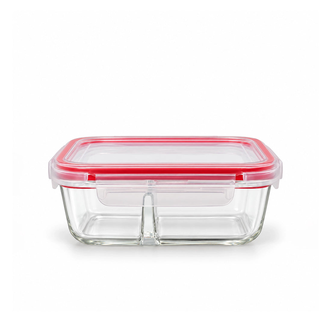 BG-PRT-640C Beyti Rectangular Glass Food Storage Container with 2 Compartments & Locking Lid – 640 ml – Clear & Red