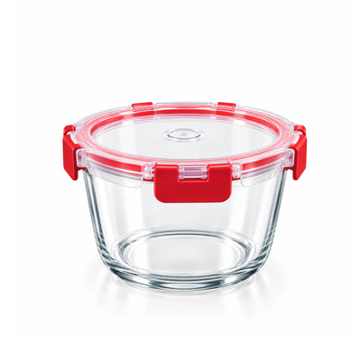 Beyti Round Deep Glass Food Storage Container, 820 ml, in Clear and Red with a Secure Locking Lid for Meal Prep and Everyday Food Storage at Siddiq Gifts.