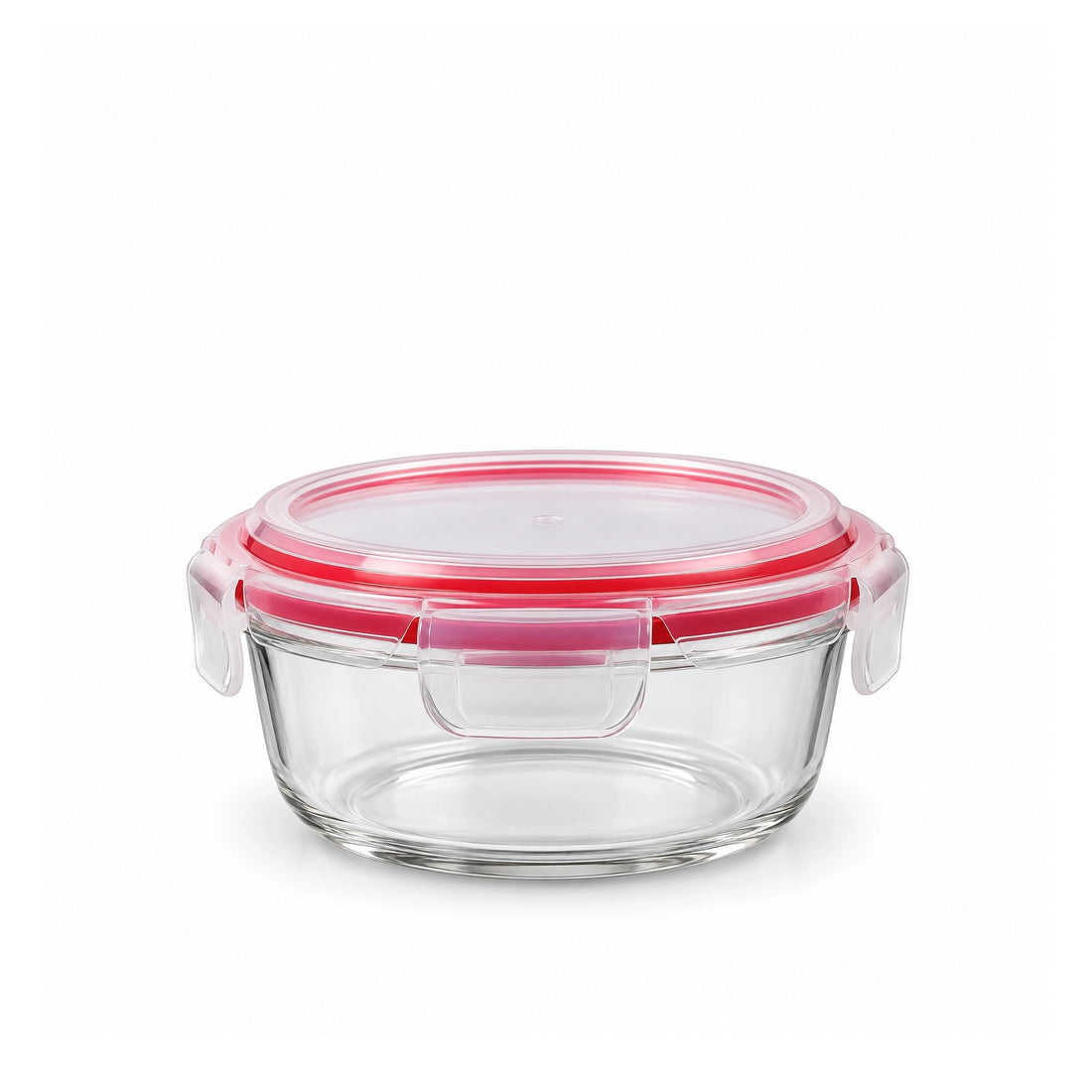 Beyti Round Glass Food Storage Container with Locking Lid –  Clear & Red