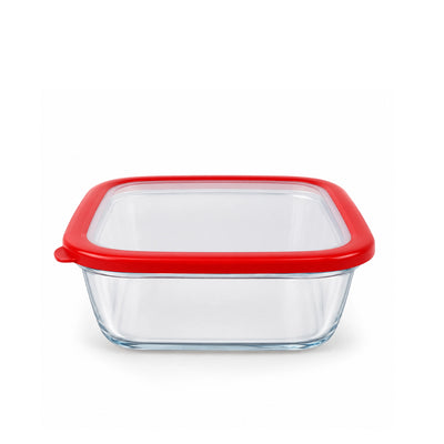 Beyti Square Glass Bakeware in Clear and Red with a Lid for Baking, Cooking, Serving, Reheating, and Everyday Kitchen Use at Siddiq Gifts.