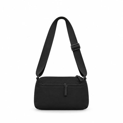 A black nylon shoulder bag with an adjustable, detachable strap, shown against a plain white background.
