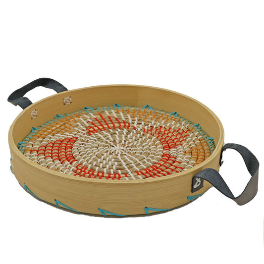 Handwoven Round Rattan Tray With Leather Handle