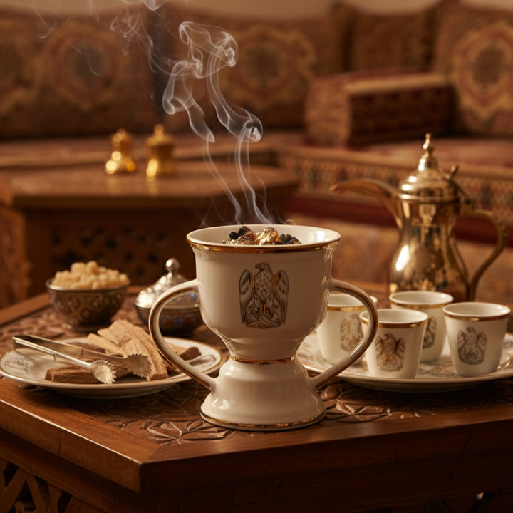 Steaming teacup on a wooden table with a traditional setting