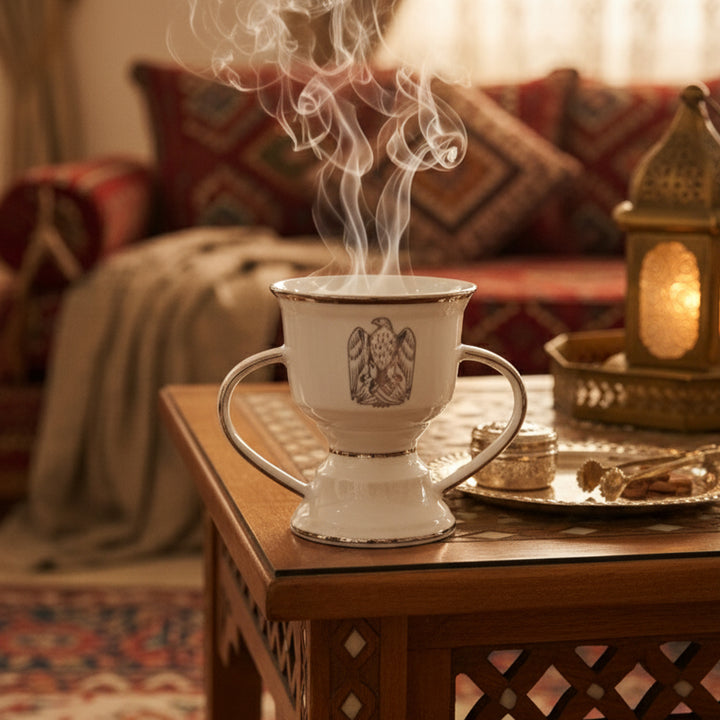 Steaming cup on a wooden table with a warm, cozy background
