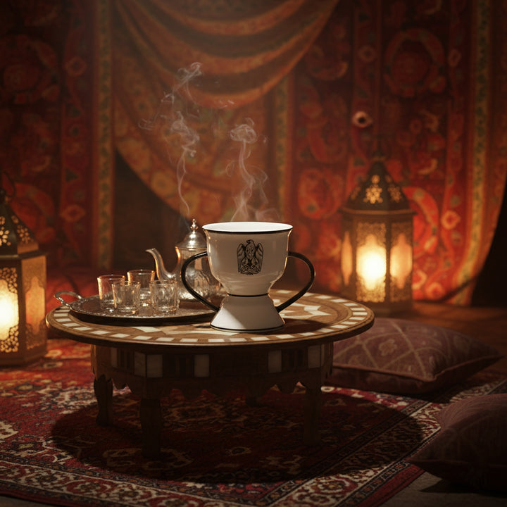 Ceremonial tea set with smoke in a warm, decorated room.
