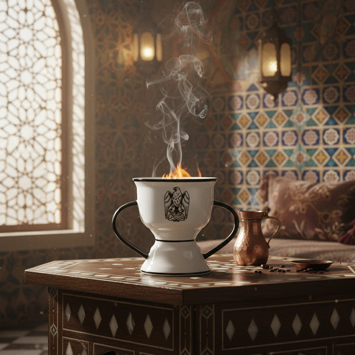 White ceramic container with flames on a wooden table in a decorative room.