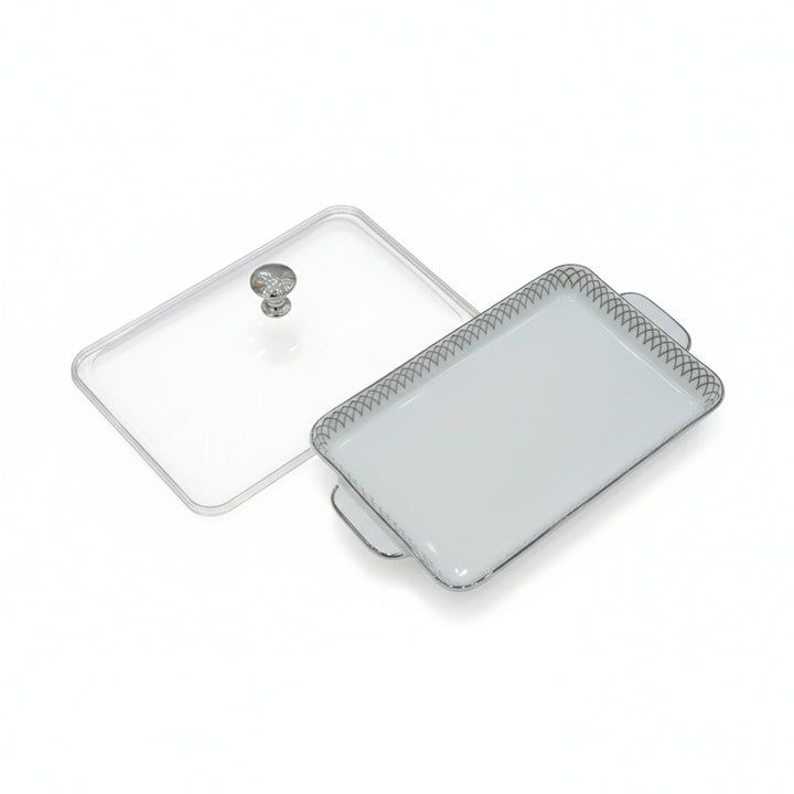 BS-07-S Small White & Silver Ceramic Tray with Cover – 24 × 15 cm – Siddiq Gifts Mussafah Abu Dhabi