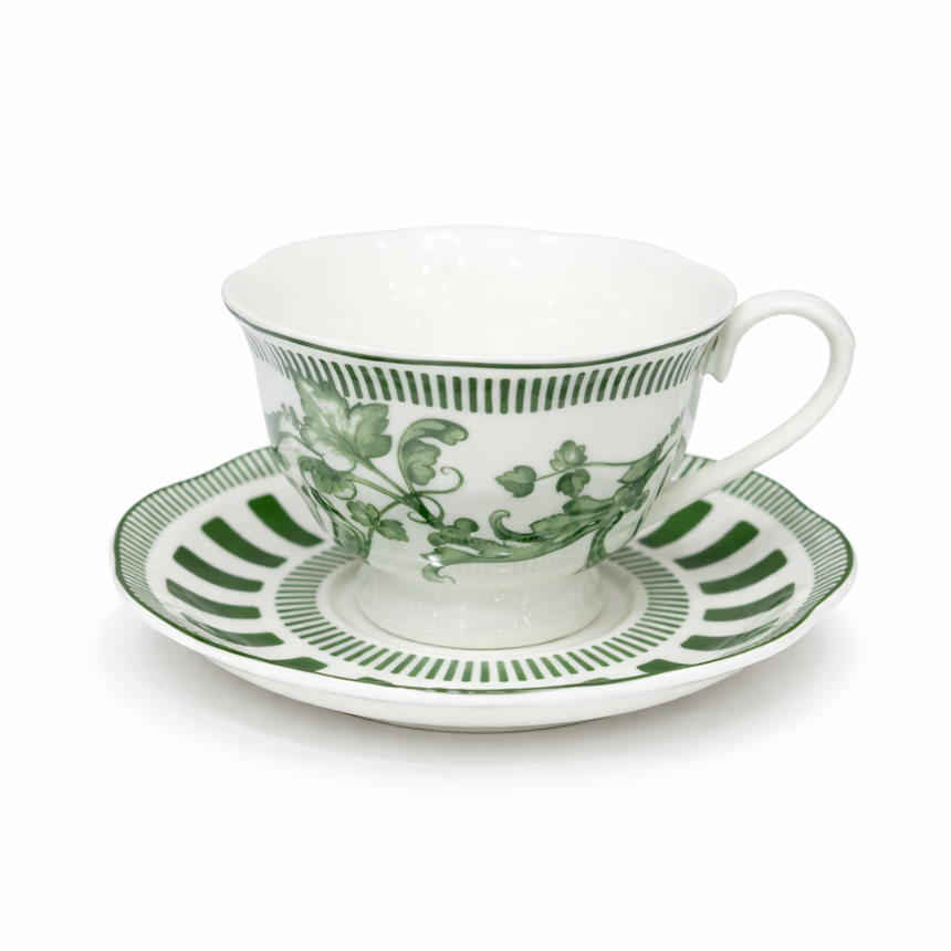 BX-19 Ceramic Milk Cup & Saucer Set – 12 Pieces – White Porcelain with Green Botanical Pattern