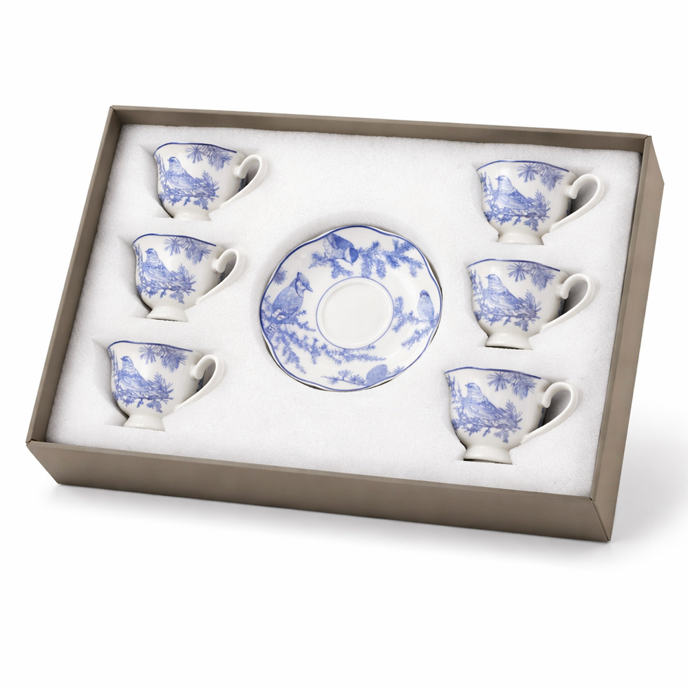 BX-21 12-piece ceramic Turkish coffee cup and saucer set with blue bird pattern for Arabic coffee serving – Siddiq Gifts Mussafah Abu Dhabi