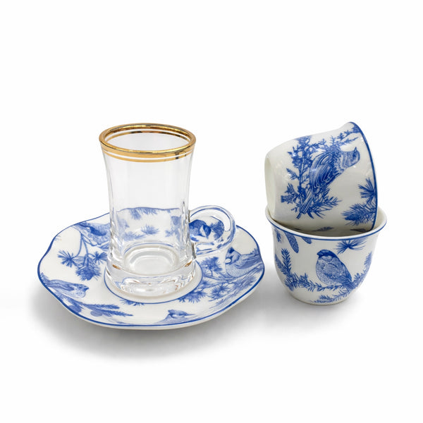 BX-25 18-piece tea and cawa cup set with blue bird pattern for tea and Arabic coffee serving – Siddiq Gifts Mussafah Abu Dhabi