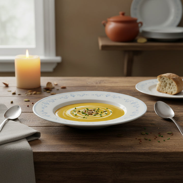Yellow soup in a decorative bowl on a wooden table with bread and a candle in the background.