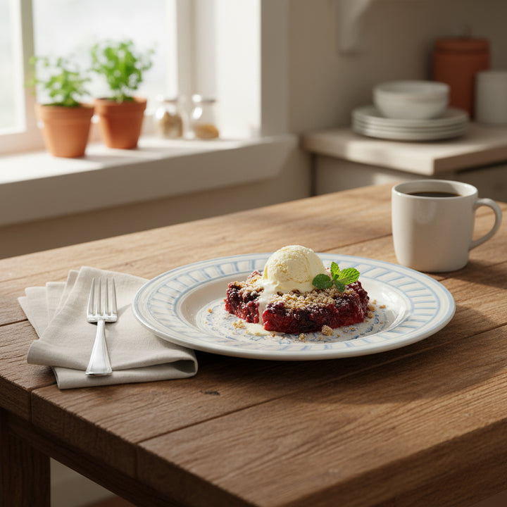 Dessert with ice cream on a plate on a wooden table, with a cup of coffee and utensils.