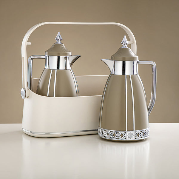 Fb208 Vacuum Flask 2Pc Set Khaki Silver W/Basket